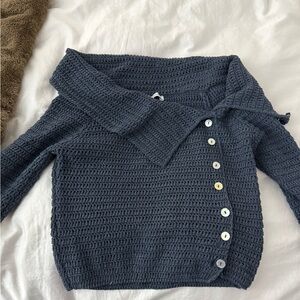 Zara Off-Shoulder Navy Sweater with Button Detail